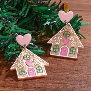 CHRISTMAS PINKMAS GINGERBREAD HOUSE KITSCHY GIRLIE DROP DANGLE HOLIDAY EARRINGS